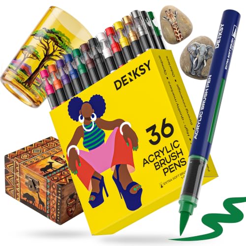 36 Acrylic Paint Markers Brush Tip | Water-based Acrylic Markers Set | Waterproof Acrylic Paint Pens for Rock Painting, Canvas, Glass, Wood, Ceramic, DIY Crafts, Fabric, School & Art Supplies