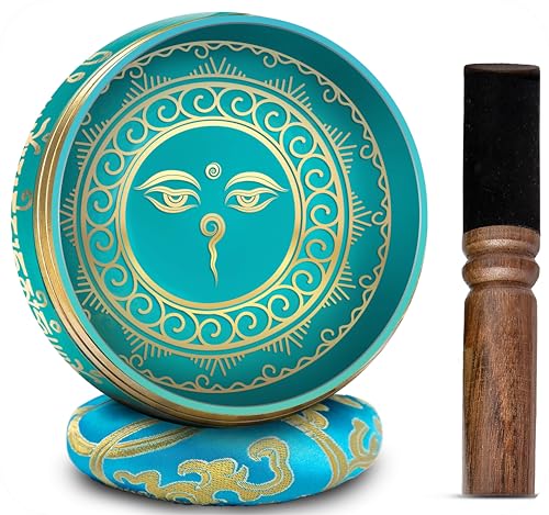 Tibetan Singing Bowl Set - 4" Easy To Play Authentic Handmade For Meditation Sound 7 Chakra Healing By HIMALAYAN BAZAAR (Turquoise Blue, 4") - color: Turquoise