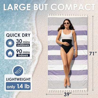 ATANI Turkish Beach Towel, Converts to a Bag, Oversized 100% Cotton Bath Towels Lightweight Quick-Dry Beach Blanket for Travel, Picnic, Camping, Yoga and Pool (Lavender, 71 inc x 39 inc) - color: Lavender, size: 71 inc x 39 inc