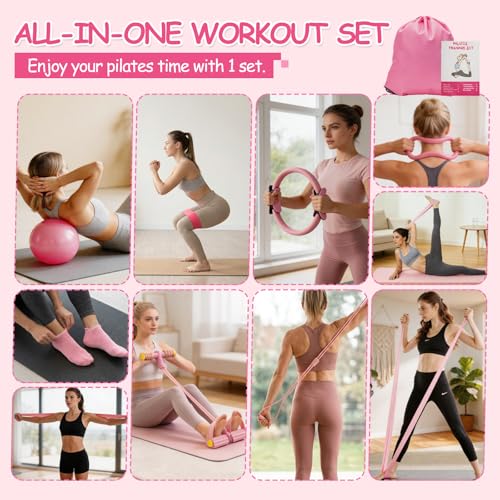 Pilates Kit for Home Workouts, Pilates Workout Sets for Women | Pilates Kit with Pilates Ring&Ball, Grip Socks, 10-50 LB Resistance Band, Portable Cooling Towel, Carage bag, Workout Guide