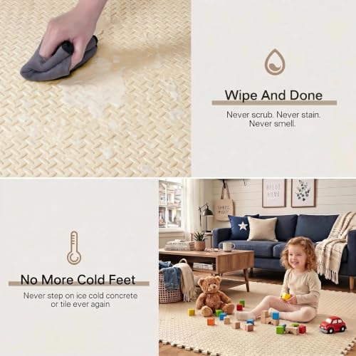 BEAUTYOVO Puzzle Exercise Mat with 12/24/48 Tiles Interlocking Foam Gym Mats, 24'' x 24'' EVA Foam Floor Tiles, Protective Flooring Mats for Gym Equipment - color: 48 Sq.ft/12 Tiles - Creamy White