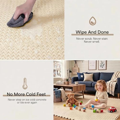 BEAUTYOVO Puzzle Exercise Mat with 12/24/48 Tiles Interlocking Foam Gym Mats, 24'' x 24'' EVA Foam Floor Tiles, Protective Flooring Mats for Gym Equipment - color: 48 Sq.ft/12 Tiles - Creamy White