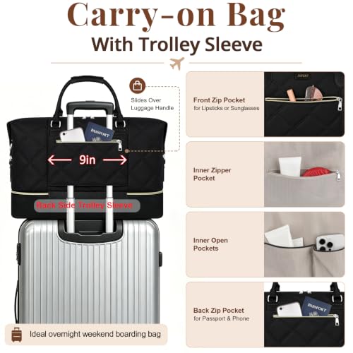 ITIEZY Weekender Bag for Women 21.5" Travel Duffel Large Carry On Bag 3PCS | Nylon Duffel Bag with Waterproof Shoe Compartment, Crossbody Bag and Toiletry Bag, Travel Weekend Hospital Overnight Gym Bag - color: 8c-Black