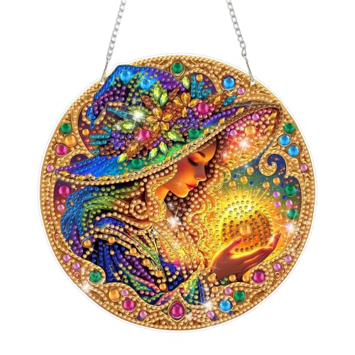 Halloween Witch Diamond Art Painting Kits for Adults Beginners Hanging Pendent, DIY 5D Special Shaped Crystal Diamond Painting Kits Ornament for Gift Home Wall Door Decor 8×8 Inch, Happy Halloween - color: XSL075