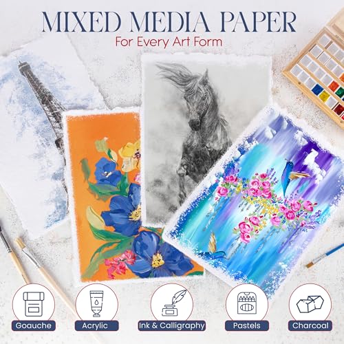 Wanderings Thick Handmade Watercolor Paper with Deckle Edge - 9" x 12" - 300GSM - Premium White Hot Press Smooth Mixed Media Paper Made with Recycled Cotton - 25 Loose Leaf Sheets - color: White, size: 9x12" (23x30.5cm)