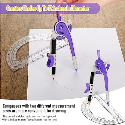 EBOOT Student Geometry Math Set, Drawing Compass and 6 Inch Clear Swing Arm Protractors 180 Degree Math Protractor (Purple) - color: Purple