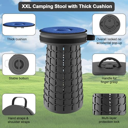 ALEVMOOM Upgraded XXL 19.7" Collapsible Stool with Cushion, Heavy Duty Portable Folding Stool Max Load 1000 lbs, Retractable Telescoping Foldable Seat Chair for Camping Fishing Travel - color: Black