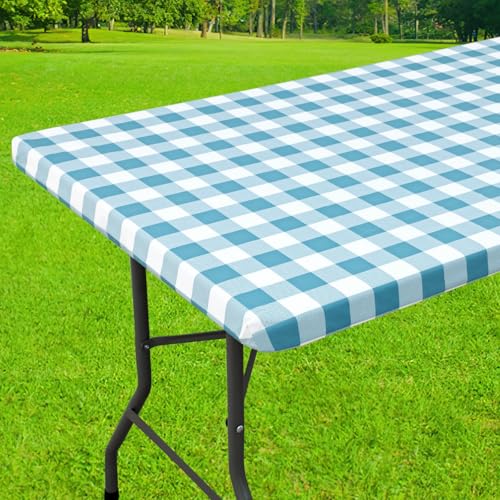 Smiry 4 Foot Picnic Table Cloth, Flannel Backed Fitted Vinyl tablecloths | Waterproof Elastic Rectangle Tablecloth ,Buffalo Plaid Table Covers for Dining, Camping, Outdoor (Aqua and White, 24" x 48") - color: Aqua and White, size: 48" x 24" (Rectangular)