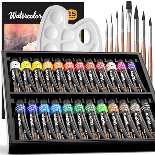 Nicpro 24 Colors Watercolor Paint Set (12ml/0.4oz Tube) for Adults, Artist | Water Color Tube Set with 25 Watercolor Paper Book, 8 Squirrel Paint Brushes, , Palettes, Color Wheel, Art Painting Supplies - color: 24 Colors