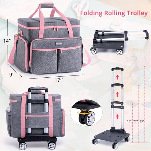 AMOIGEE Rolling Tote Bag with Wheels and Handle, Sewing Machine Case, Craft Organizer Tote for Scrapbooking Storage, Teacher Rolling Bag, Craft Supply Storage, Art Bag, Rolling Cart for Teachers - color: Pink, size: With Wheels