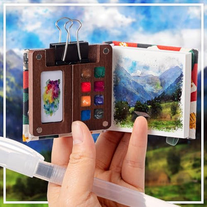 Qilery Mini Portable Watercolor Palette Set Wooden Grid Paint Box Watercolor Paper Sketch Book Brush Pens with Binder Clip for Painters Artist Not Include Paint(Cat) - style: Cat