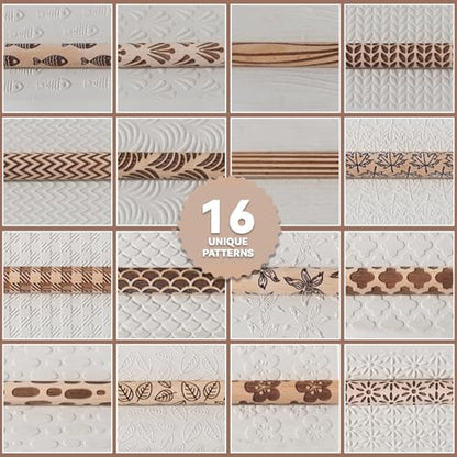 Conderyang 16Pcs Wooden Clay Texture Roller Set Clay Modeling Pattern Rollers Wooden Texture Rollers Wood Pottery Tools Pottery Tool Set for Artists Art Creation Ceramic DIY, 4In x 0.6In（Style 1) - color: Style 1