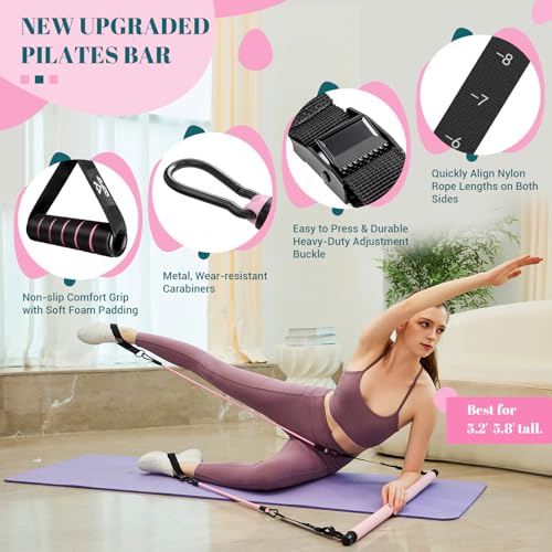Pilates Bar Kit with Resistance Bands, Multifunctional Yoga Pilates Kit - color: Pink