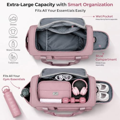 FIORETTO Women's Gym Duffle Bag with Shoes Compartment, 30L Capacity, Ideal for Travel, Gym, Sports, Duffel, Weekender - color: Grayish Pink, style: Gym Bag With Toiletry Bag