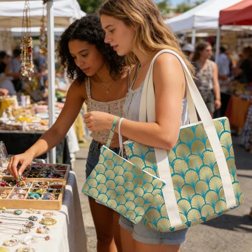 IAXIC Waterproof Tote Bag and Wet Bag Set, Summer Pattern Design for Beach Travel Gym Holiday Gifting - color: Gold Scallop