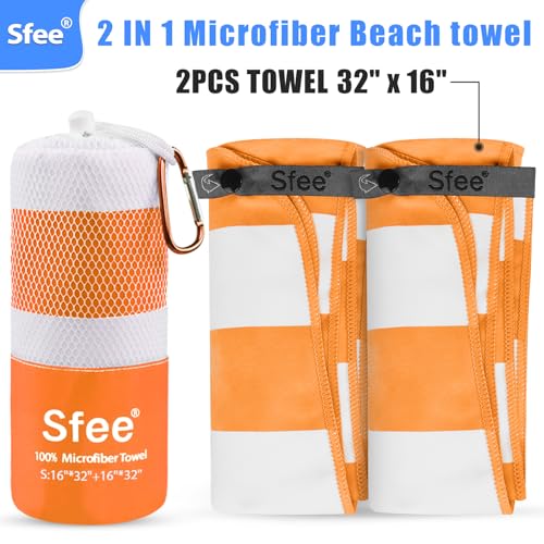 Sfee 2 in 1 Microfiber Travel Towel, Quick Dry Towel Camping Beach Towel Super Absorbent Compact Lightweight Sports Gym Towel Set for Gym, Hiking, Pool, Bath, Yoga (Small: 32''x16'') - color: Orange Stripe, size: S 32" x 16"+ 32" x 16"