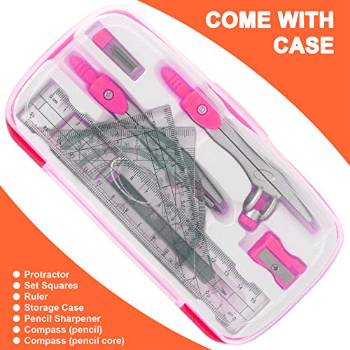 Akuoly Maths Compasses Full Starter Geometry Kit with 2 Drafting Compasses Protractor 2 Set Squares Ruler Pencil and More for Students Maths Study Homework etc. Pink
