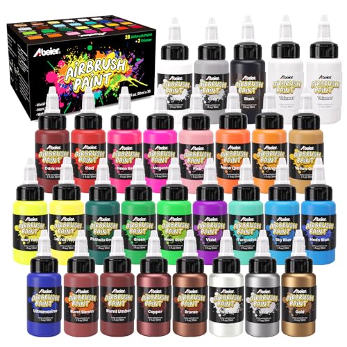 ABEIER Airbrush Paint Set, 28 Colors x 1 oz with 2 Thinners, Ready Spray | Non-Toxic, Water-based acrylic formula, smooth flow, strong coverage, low odor, fade resistant, for models and craft projects - color: 28 Colors with 2 Thinners