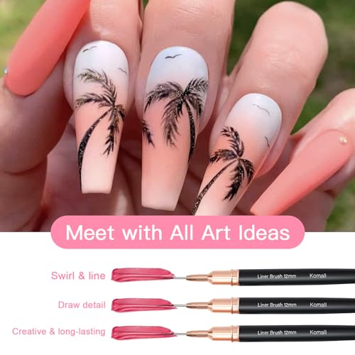 Komall Metallic Nail Art Brushes, 5Pcs Liner Brushes for Nails, Black | For Long Lines, Thin Details, Fine Drawing, Liner Brush UV Gel Polish Painting Nail Design Pen Sizes 4/8/12/20/25mm - color: Black