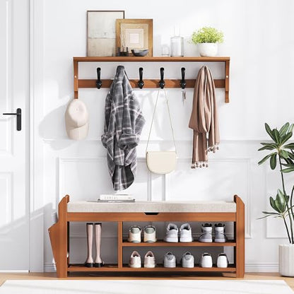 PETKABOO 39.4" Bamboo Shoe Rack Bench with Coat Rack, 3-Tier Entryway Bench with Thick Cushion, Flip-Top & Side Baskets, Holds Up to 550 LBS for Hallway, Living Room, Bedroom - color: 39.4" with Hook