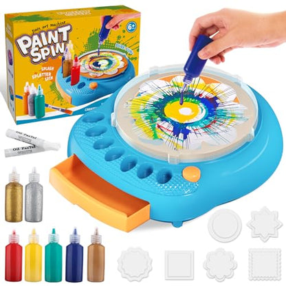 Spin Art Machine for Kids, Paint Spinner Arts & Crafts Gift Kit, Ages 4-12 | Includes machine, 36 artboards, 7 washable paints & splatter guard. Easy-clean, screen-free STEAM gift for girls & boys - color: Blue