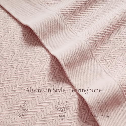 Threadmill Luxury 100% Cotton Queen Herringbone Blanket, English Rose - color: English Rose, size: Queen (90" x 92")