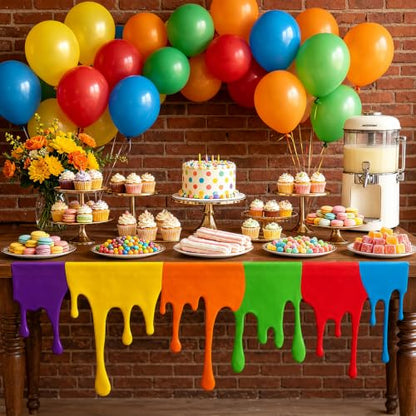 Rainbow Paint Drip Table Skirt 71×30in Polyester Neon Table Cloth with Adhesive Back,Teacher Desk Skirts for Teacher Desk,Art Classroom Decor,Back to School Kids Art Table Party Supplies