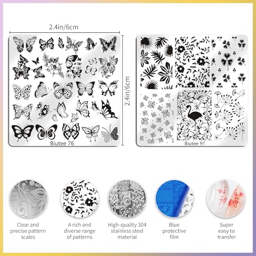 Biutee 15Pcs Nail Stamping Kit Nail Stamp Plate 8 Nail Stamping Gel Polish | 1 Nail Stamper and Scraper with Storage Bag, Nail Stamper Kit Flower Leaves Star Template Design - color: 27 Piece Set