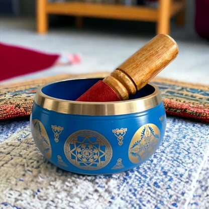 Nature's Own Tibetan Singing Bowl Set- Easy to Play- Meditation Sound Bowl Handcrafted in Nepal for Yoga, Mindfulness, Chakra Healing, Stress Relief- Spiritual Gifts for Women and Men (3.5 Inch, Blue) - color: Blue