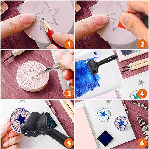 13Pcs Rubber Stamp Making Kit with Stamp Block, Rubber Brayer Roller,Rubber and Wood Carving Cutting Tool, Block Printing Starter Tool Kit for Inking Blocks Carving and Printmaking