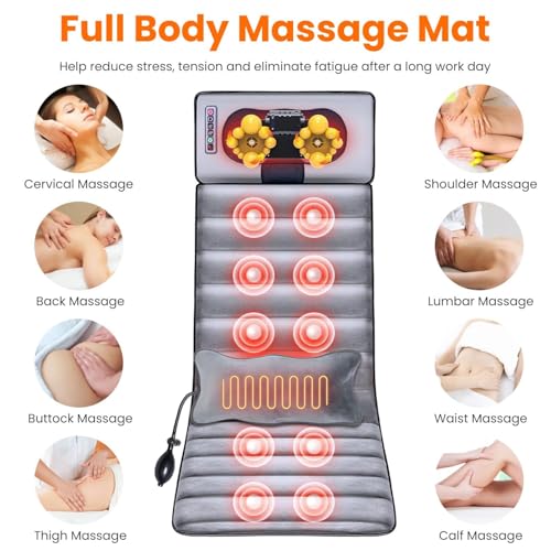 KOCASO Full Body Massage Mat with Heat & Vibration，Back Massager with 10 Motors，Massage Pad with Heat Timer for Relaxation，Body Massagers for Muscles，Ideal Gift for Parents - size: 19.29 x 7.87 x 13.78 in