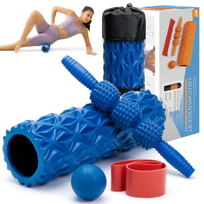 SUBCULTUREPICK 5 in 1 Foam Roller Set High Density Deep Tissue Massager | Trigger Point Massage Roller for Muscle Massage, Massage Ball, Resistance Band for Whole Body Physical Therapy Pure Blue - color: Pure Blue