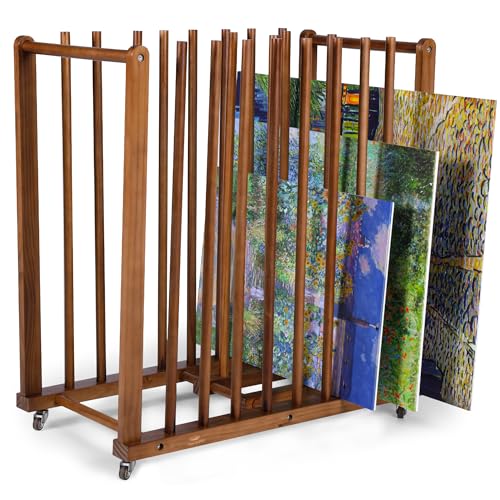 Art Storage Rack and Art Rack and Studio Storage Organizer for Canvases – Paint Drying Rack with Adjustable Panels, Handles & Caster Wheels for Artwork - Canvas Boards - Frames & Prints - color: Walnut Stain