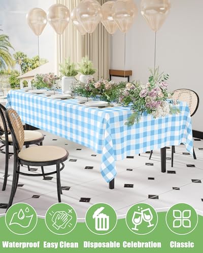 Smiry 8 Packs Gingham Disposable Table Cloth, 54 x 108 Inch Waterproof Plastic Tablecloth, Rectangle Baby Blue and White Checkered Table Covers for Picnic, Birthday, Party - color: Baby Blue and White, size: 54"x108" (Pack of 8)