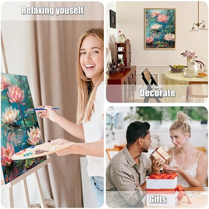Ausanrl Flowers Framed Paint by Numbers Wooden Easel-Adult Paint by Number Kits on Canvas Framed,Lotus Paint by Numbers with Frame,Gifts and Home Wall Decor 12x16inch - color: Lotus