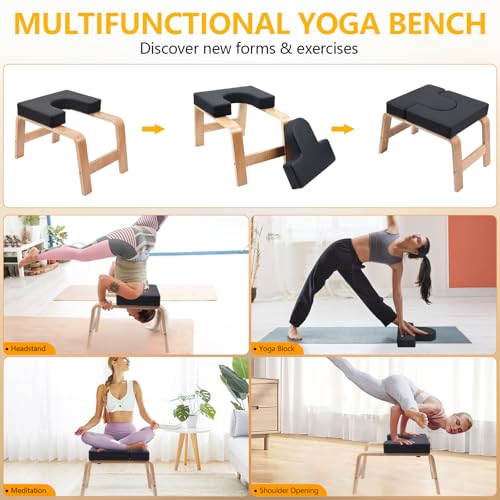 Yoga Headstand Bench PU Pad Headstand Trainer Max Load 300lbs | Yoga Headstand Bench Stress Relief Balance Trainer Supports with Wood Frame and Pu Pad Body Shaping Practice - color: Black