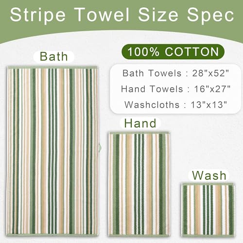 VOOVA & MOVAS Striped Bath Towels 4 Pack, 100% Cotton, 28x52 in, Sage Beige - color: Sage + Green + Beige Striped, size: 4 PC Bath Towels (28"x52")