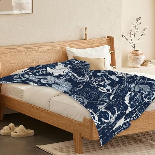 Nautical Navy Blue Blanket, Anchor Compass Soft Lightweight Throw Blanket for Sofa Couch Bed Room 50x60 inch - color: Nautical