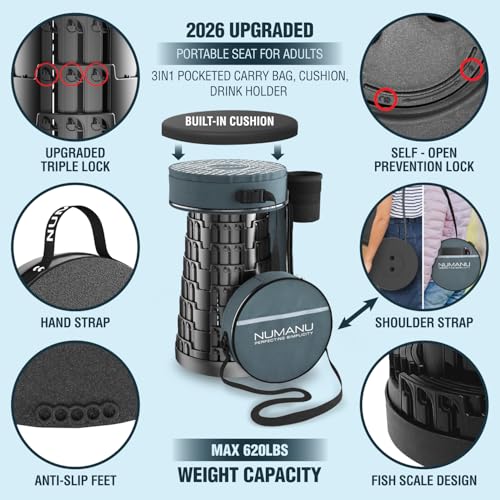 NUMANU Collapsible Stool for Adults, 3-in-1 Cushion + Bag, 620 lbs, Round | Heavy-Duty Telescoping Stool 2.5-18in, 3-in-1 Cushion Carry Bag + Drink Holder; Travel, Sports, Camping, Gardening - size: Round (Stool & 3IN1 Carry Bag)