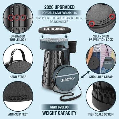 NUMANU Collapsible Stool for Adults, 3-in-1 Cushion + Bag, 620 lbs, Round | Heavy-Duty Telescoping Stool 2.5-18in, 3-in-1 Cushion Carry Bag + Drink Holder; Travel, Sports, Camping, Gardening - size: Round (Stool & 3IN1 Carry Bag)