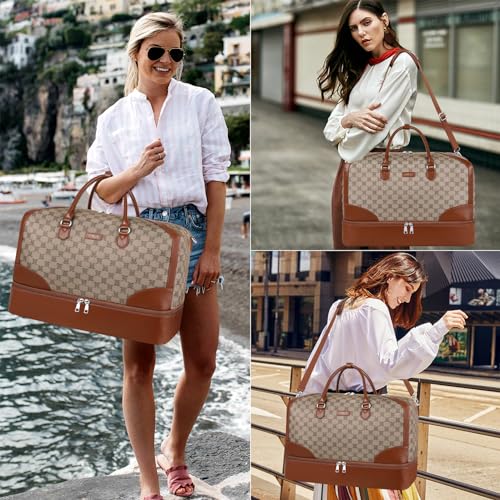 ITIEZY Weekender Bag for Women 21.5" Travel Duffel Large Carry On Bag 3PCS | Nylon Duffel Bag with Waterproof Shoe Compartment, Crossbody Bag and Toiletry Bag, Travel Weekend Hospital Overnight Gym Bag - color: 9-light Brown
