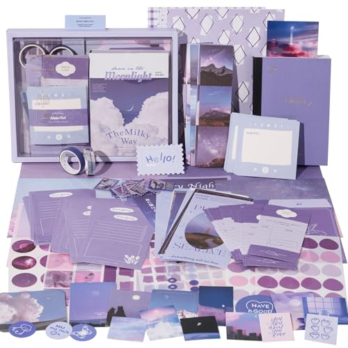 JOYCHOIC 348 Pcs Scrapbook Kit, Moonlight Junk Journal Supplies, Purple Journaling and Scrapbooking Materials, Large Aesthetic Collection for Women, Stationery DIY Arts Craft, Adults Daily - color: Moonlight