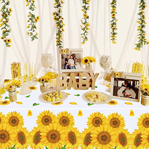 4 Pack Sunflower Tablecloth 51 x 86 Inch Plastic Rustic Sunflower Tablecloth Sunflower Party Tablecloth Sunflower Birthday Party Table Cloth Sunflower Table Covers for Indoor Outdoor Party Decorations - color: White&yellow