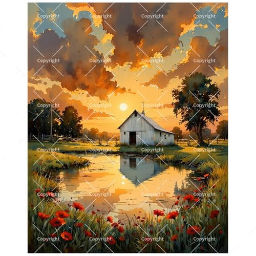 Rustic Landscape Paint by Numbers Kit for Adults - DIY Barn and Wildflowers at Sunset Painting on Canvas, Acrylic Paint Set, Suitable for Beginners, Art for Home Decoration or Gifts(8X12IN Framed) - color: HSX00104, size: 8X12IN Framed