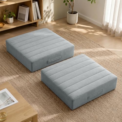 JKMAX 2 Pcs High Density Foam Floor Pillow - Upgraded Large Pillows Seating for Adults - Outdoor Floor Cushion with Soft Tufted Cover - Yoga Pillows for Sitting On Floor - 22 Inch Light Gray - color: Light Gray, size: 2 Counts