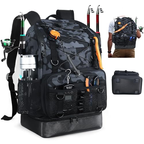 Fishing Backpack with Rod Holder, Heavy Duty Fishing Bag with Waterproof Bottom, Tackle Backpack Gifts for Man Woman-Black Camo - color: Black Camo