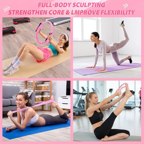 Halloscume 24 Pcs Pilates Kit, Home Pilate Equipment for Women, Pilates Ring and Ball Set with Stretching Strap, Water Bottle, Magic Circle, Yoga Ring, Gym Bag, Resistance Band, Anti Slip Sock - color: Pink
