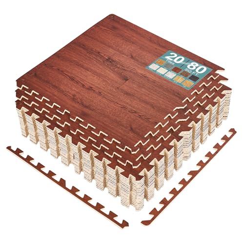 Sorbus Interlocking Wood Grain Foam Floor Tiles (20 Pack, Mahogany) | 3/8-inch EVA floor mats with borders suit playrooms, basements and home gyms, plus trade show flooring and dance areas. - color: Wood Grain - Mahogany, size: 20 Pack