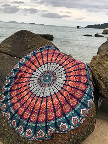 raajsee Round Beach Tapestry Blue Orange Mandala Throw/Boho Hippie Beach Blanket Roundie/Indian Cotton Bohemian Large Round Table Cloth/Yoga Mat Meditation Picnic Rug 70 inch - color: BLUE ORANGE
