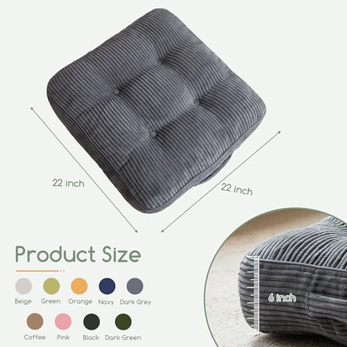 HIGOGOGO 6" Extra Thick Floor Pillow Cushion for Adults, Meditation Cushion Pillow, Large Square Floor Sitting, Tufted Corduroy Cover, for Tatami Living Room or Yoga, 22x22 Inch, 2Pack, Dark Grey - color: Square Dark Grey, size: 6" Thick(Pack of 2)